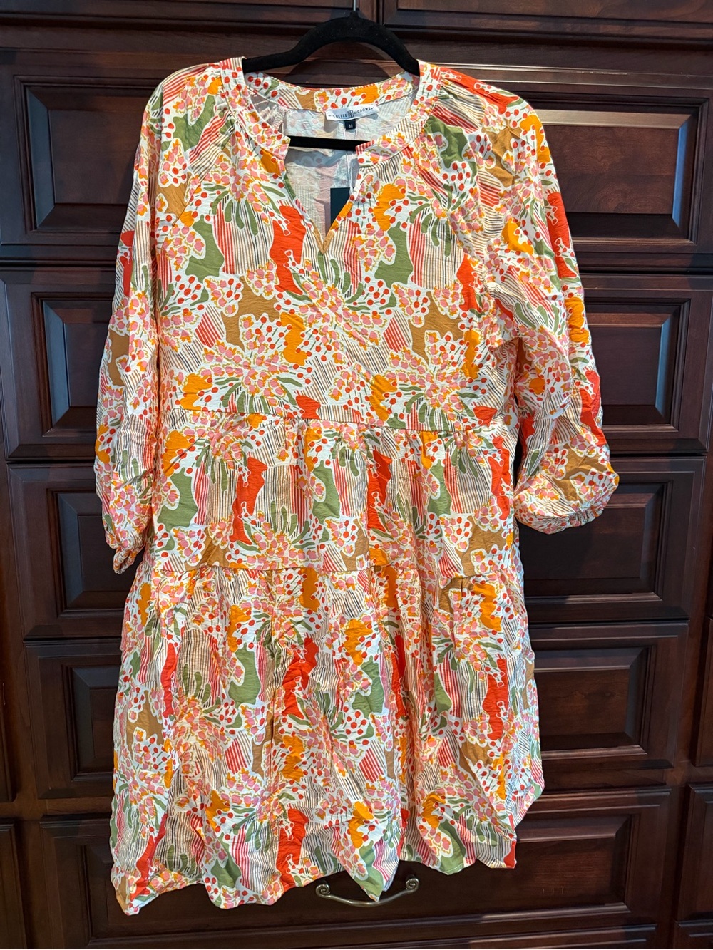 Floral Tiered Long-Sleeve Dress in Orange, Green & Cream